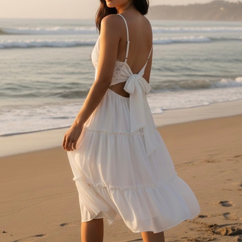 Crochet Lace Tiered Midi Dress Boho Back Bow Sun Sz M Coastal Cottagecore Bridal - Picture 2 of 11